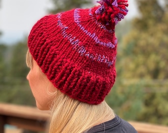 Knit Ski Hat, Cranberry Red and Purple Acrylic Yarn