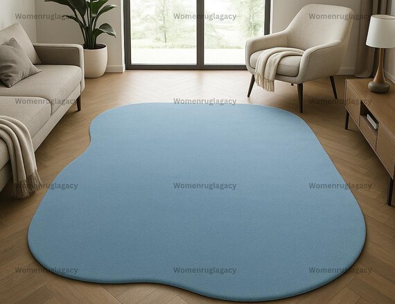 Sky Blue Irregular Shape Rug – Minimalist Organic Modern Area Carpet | Solid Hand-Tufted Soft Living