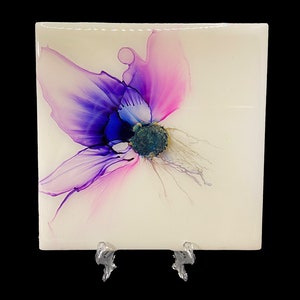 Alcohol Ink Pink and Blue Flowers Ceramic Tile Coaster set with Gold Highlights Art  holidays gifts kitchen gifts home decor