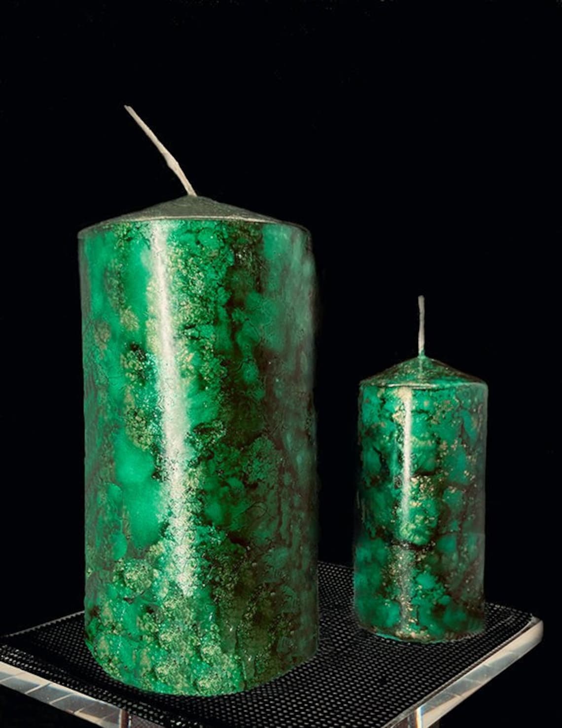 Green and Gold Christmas Pillar Candle Alcohol Ink Shimmer Unscented