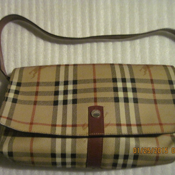 VINTAGE 90'S BURBERRY LONDON Nova Check Coated Canvas Handbag w/Maroon Leather Strap