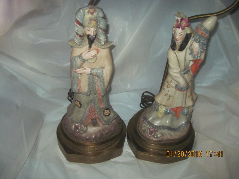 Two Vintage Cordey Chinese Styled Porcelain Statue Lamps