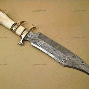 Handmade Damascus Steel Bowie - Custom Hunting Knife  With Camel Bone Handle | Outdoor Survival | Knife Gift for Him