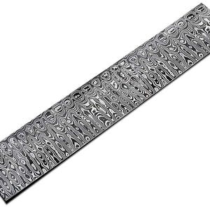 May include: A long, rectangular piece of metal with a unique, swirling pattern in shades of black and silver. The pattern resembles flowing water or wood grain. The metal has a polished, reflective surface, and the edges are straight and sharp.