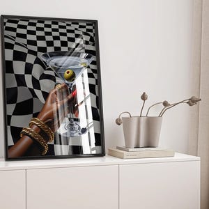 Retro Martini Gemälde, schwarzes Mädchen Bar Warenkorb Kunst, schwarze Modekunst, schwarze Frau Kunst. Coole Wohnung Wandkunst, trendige Cocktail Wandkunst,