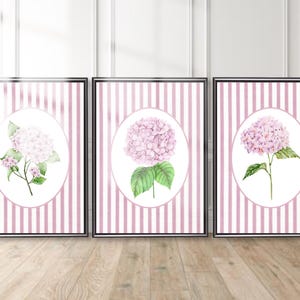 Pink hydrangea wall art printable floral decor digital download pastel striped botanical nursery print for girls room or cottage home