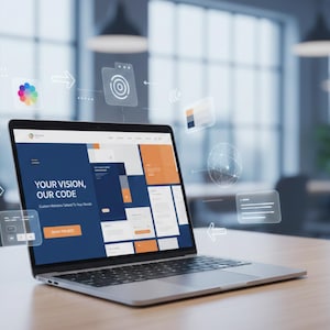 Könnte beinhalten: Ein silberner Laptop zeigt eine Website mit einem blau-orangen Design. Die Überschrift der Website lautet "YOUR VISION, OUR CODE". Transparente grafische Elemente schweben um den Laptop herum und deuten auf digitales Design und Entwicklung hin.