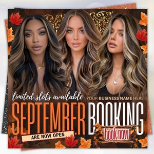September Booking Flyer, Fall Booking Flyer, September Flyer, Canva Template, Book Now Appointments, Beauty, Lashes, Make up, Nails,