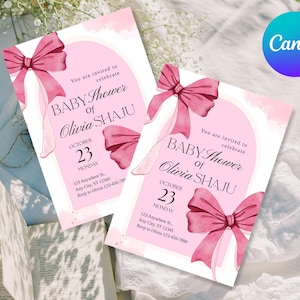 Blush Pink Bow Baby Shower Invitation Editable Elegant Watercolor Coquette Bow Invitation Pink Girl Baby Shower Invite Pink Ribbon Canva