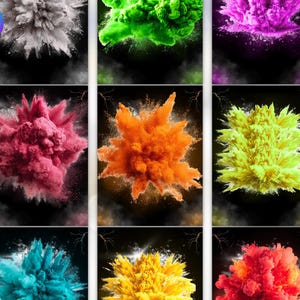 May include: A grid of nine vibrant explosions in various colors, including white, green, purple, pink, orange, yellow, teal, and red, against a black background. The Canva logo is in the upper left corner.