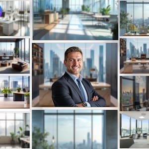 Könnte beinhalten: Eine Collage von Bildern, die moderne Büroräume mit großen Fenstern und Stadtansichten zeigen. Die Bilder zeigen einen Mann im Anzug, Schreibtische, Stühle und Pflanzen. Das Canva-Logo ist sichtbar.