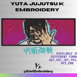 May include: Embroidered patch featuring Yuta from Jujutsu Kaisen. The design shows Yuta with his hand over his face, set against a pink and purple background. Text includes "YUTA JUJUTSU K EMBROIDERY" and "呪術廻戦".