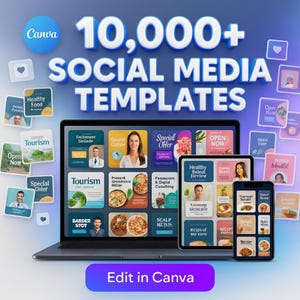 May include: A laptop, tablet, and smartphone showcasing social media templates. The text reads "10,000+ SOCIAL MEDIA TEMPLATES" with the Canva logo. Additional square graphics with text and images are scattered around the devices.