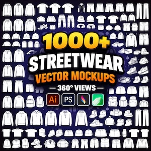 Puede incluir: Una colección de maquetas vectoriales de ropa urbana, que incluye sudaderas con capucha, camisetas, pantalones, pantalones cortos, gorras, zapatos y mochilas. La imagen muestra el texto "1000+ STREETWEAR VECTOR MOCKUPS - 360° VIEWS" con iconos de software de diseño.