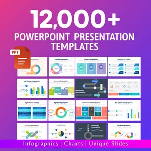 以下が含まれることがあります： PowerPointプレゼンテーションテンプレートのプロモーション画像。画像には「12,000+ POWERPOINT PRESENTATION TEMPLATES」というテキストが表示され、さまざまなインフォグラフィックの例が表示されています。画像の下部には「Infographics | Charts | Unique Slides」というテキストが含まれています。