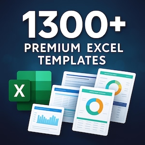 Puede incluir: Imagen con el logotipo de Microsoft Excel y varias hojas de cálculo simuladas con gráficos. El texto dice "1300+ Premium Excel Templates" en letras blancas grandes sobre un fondo azul oscuro. Las hojas de cálculo tienen acentos azules, verdes y naranjas.