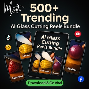 May include: A promotional graphic for an AI Glass Cutting Reels Bundle. The image features a tablet and several smartphones displaying images of food being cut. Text includes "500+ Trending" and "Download & Go Viral."