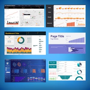 May include: A collection of data visualization dashboards with charts, graphs, and maps. The dashboards display sales, costs, margin, and historical data. The color palette includes blue, orange, and green.