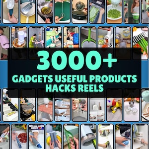 Puede incluir: Un collage de imágenes que muestran varios utensilios de cocina y productos útiles. El foco central es una gran superposición de texto que dice "3000+ GADGETS USEFUL PRODUCTS HACKS REELS". Las imágenes se muestran en una disposición similar a una cuadrícula, destacando una variedad de herramientas de cocina.