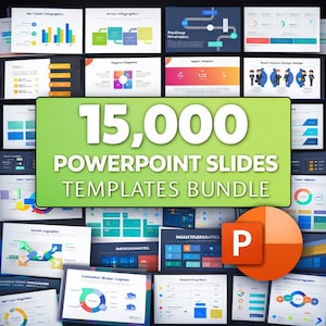 May include: A collection of PowerPoint slide templates. The image features a large green rectangle with the text "15,000 POWERPOINT SLIDES TEMPLATES BUNDLE". Various charts and infographics are displayed, along with the Microsoft PowerPoint logo.