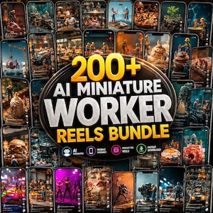 Pode incluir: Uma coleção digital de mais de 200 vídeos gerados por IA com trabalhadores em miniatura em várias cenas, exibidos em várias telas de smartphone ao redor de um emblema central com o texto 200+ AI MINIATURE WORKER REELS BUNDLE.
