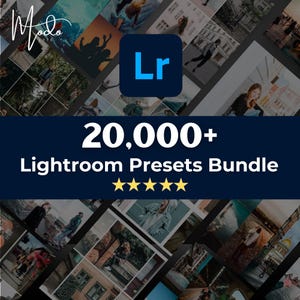 Puede incluir: Una pancarta azul oscuro muestra el texto "20.000+ Lightroom Presets Bundle" con cinco estrellas doradas. El logotipo de Lightroom está en la esquina superior derecha. El fondo es un collage de fotos.