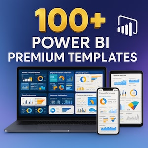 Può includere: Un laptop, un tablet e uno smartphone visualizzano dashboard di Power BI con grafici. L'immagine include il testo "100+ POWER BI PREMIUM TEMPLATES" in oro e bianco, mostrando la visualizzazione dei dati.