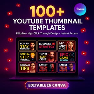 Puede incluir: Una pantalla de portátil muestra nueve plantillas de miniaturas de YouTube sobre temas como estrategia empresarial y noticias tecnológicas. La imagen incluye el texto "100+ YouTube Thumbnail Templates" y "Editable in Canva".