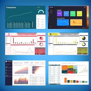 May include: A collection of data visualization dashboards with charts, graphs, and tables. The dashboards display financial and performance metrics, including sales data, transactions, and segment overviews. The color palette includes shades of blue, green, red, yellow, and gray.