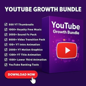 Peut inclure: Une boîte violette "YouTube Growth Bundle" avec un logo de bouton de lecture rouge. Le texte comprend "500 YT Thumbnails", "1000+ Royalty Free Music" et un bouton "Télécharger maintenant". L'arrière-plan est un dégradé violet.