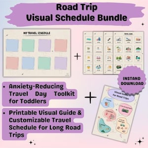 Può includere: Un pacchetto di risorse di viaggio stampabili per bambini piccoli, tra cui un programma visivo, schede di scene di viaggio e una guida visiva. Il pacchetto è progettato per ridurre l'ansia durante i viaggi su strada. Il testo recita "Road Trip Visual Schedule Bundle."