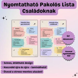 Op de afbeelding: Een afdrukbare paklijst voor gezinnen, met twee kleurrijke pagina's. Categorieën zijn kleding, toiletartikelen en entertainment. De tekst bevat "Nieuw!" en "Afdrukbare PDF". Het ontwerp is kleurrijk en herbruikbaar.