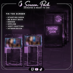 May include: A 6 Screen Pack for TikTok featuring purple animated overlays. Text includes 6 Screen Pack, Tik Tok Screen, Starting Soon, Be Right Back, Ending, Offline, Just Chatting, and Intermission. The design displays a dark, moody room.