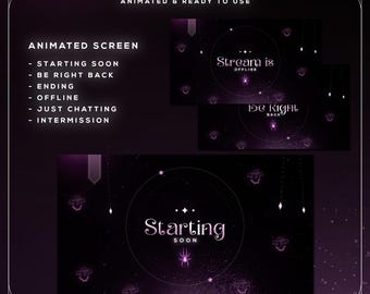 Op de afbeelding: Een zes-schermpakket voor geanimeerde streaming, met een donkerpaars en zwart thema. De schermen bevatten berichten zoals "Starting Soon", "Be Right Back" en "Offline", met spinnen- en sterdecoraties. Het pakket is klaar voor gebruik.