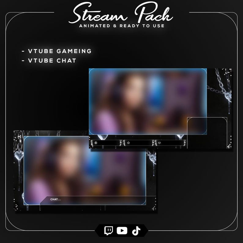 Professional silver chrome heart stream package with smooth looping animations, dark Y2K styling, and polished gaming visuals.