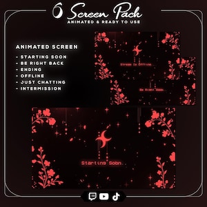 May include: A screen pack with animated screens for streaming. The screens are black with red floral and star accents. Text includes "Starting Soon," "Be Right Back," and "Stream is Offline." The pack includes screens for various streaming states.