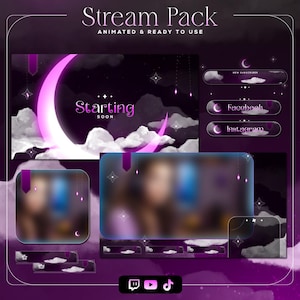 Pink Moon Stream Overlay Pack – Full Animated Streaming Kit for Twitch, YouTube, VTubers | Screens, Alerts, Panels, Webcam