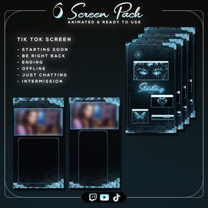 Può includere: Un pacchetto di schermate digitali con sfondo blu scuro. Il testo recita "6 Screen Pack" e "Animated & Ready to Use". Il pacchetto include schermate per "Starting Soon", "Be Right Back", "Ending", "Offline", "Just Chatting" e "Intermission".