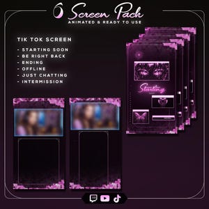 May include: A pack of six animated TikTok screens with a dark purple and pink theme. The screens include options for "Starting Soon," "Be Right Back," "Ending," "Offline," "Just Chatting," and "Intermission." The design features a neon "Starting" graphic and a butterfly.