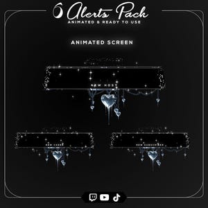 Set of 6 animated silver gothic alerts featuring a black text bar with pixel sparkles and hanging chrome hearts for Twitch notifications.