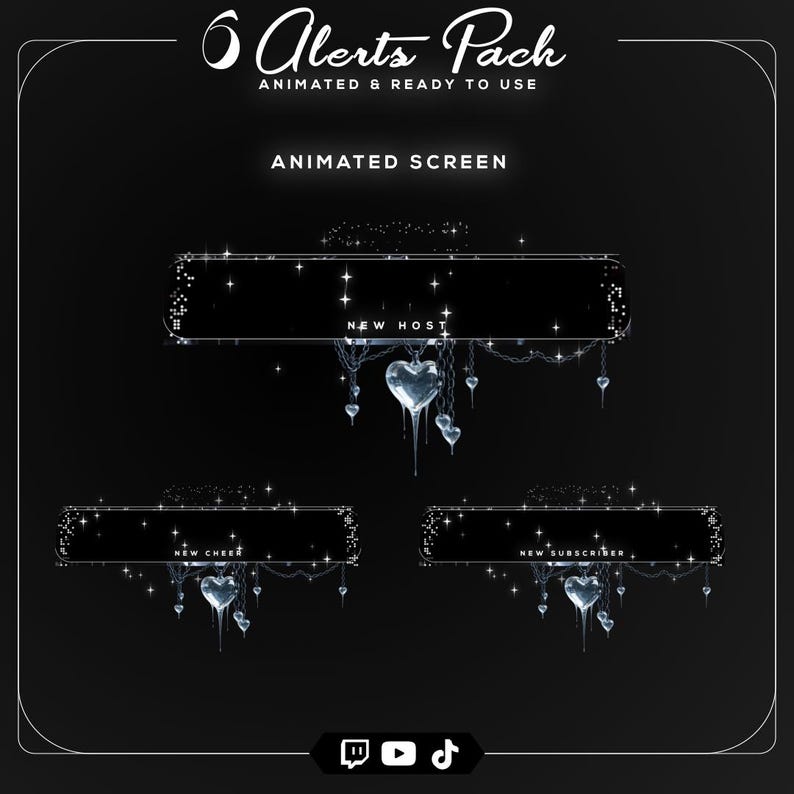 Set of 6 animated silver gothic alerts featuring a black text bar with pixel sparkles and hanging chrome hearts for Twitch notifications.