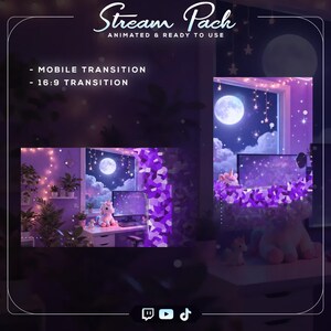 Op de afbeelding: Een digitale illustratie van een paars thema streaming setup. De afbeelding toont een bureau met een computer, een eenhoorn knuffel en een raam met een volle maan. Tekst luidt "Stream Pack" en "Animated & Ready to Use".