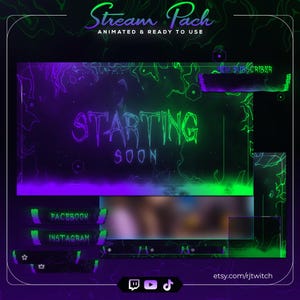 May include: A digital streaming overlay pack in dark purple and green. The words "Stream Pack" and "Animated & Ready to Use" are at the top. The words "Starting Soon" are in the centre. Social media buttons for Facebook and Instagram are included.