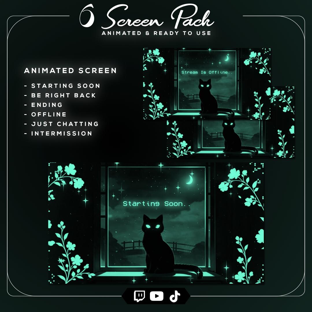 Turquoise Computer Animation 8 Animated Stream Screens | Turquoise Lofi Cat Window | Full HD 16:9 ...