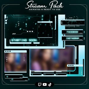 May include: A digital streaming overlay pack with a teal and black color scheme. The design includes animated elements, social media integration, and the text "Stream Pack" and "Starting Soon." The pack is ready to use for live streaming.