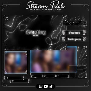 May include: A black and white animated stream pack with a dark, ethereal design. The pack includes overlays for "Starting Soon", social media, and a video display. The design features glowing white lines and decorative elements, with social media icons at the bottom.