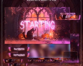 Witchy Cat Twitch Overlay | Animated Magical Stream Package | Cozy Gothic VTuber Graphics | Cat Screens Alerts Panels | OBS Streamlabs