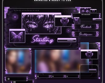 Purple Anime Cyberpunk Stream Overlay Bundle | Neon Glitch Twitch Pack | Animated Futuristic VTuber Graphics | OBS | Gamer Girl Streamer Kit