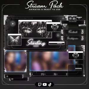 May include: A black and white animated stream pack with a butterfly and eye design. The pack includes animated overlays, social media buttons, and a "Starting Soon" screen. The text "Stream Pack" and "Animated & Ready to Use" are also visible.