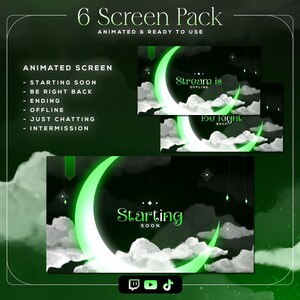Peut inclure: Un pack d'écrans numériques avec six écrans animés. Les écrans présentent une palette de couleurs vert foncé et noir avec un croissant de lune et un design de nuages. Le texte comprend "Starting Soon", "Be Right Back" et "Stream is Offline".